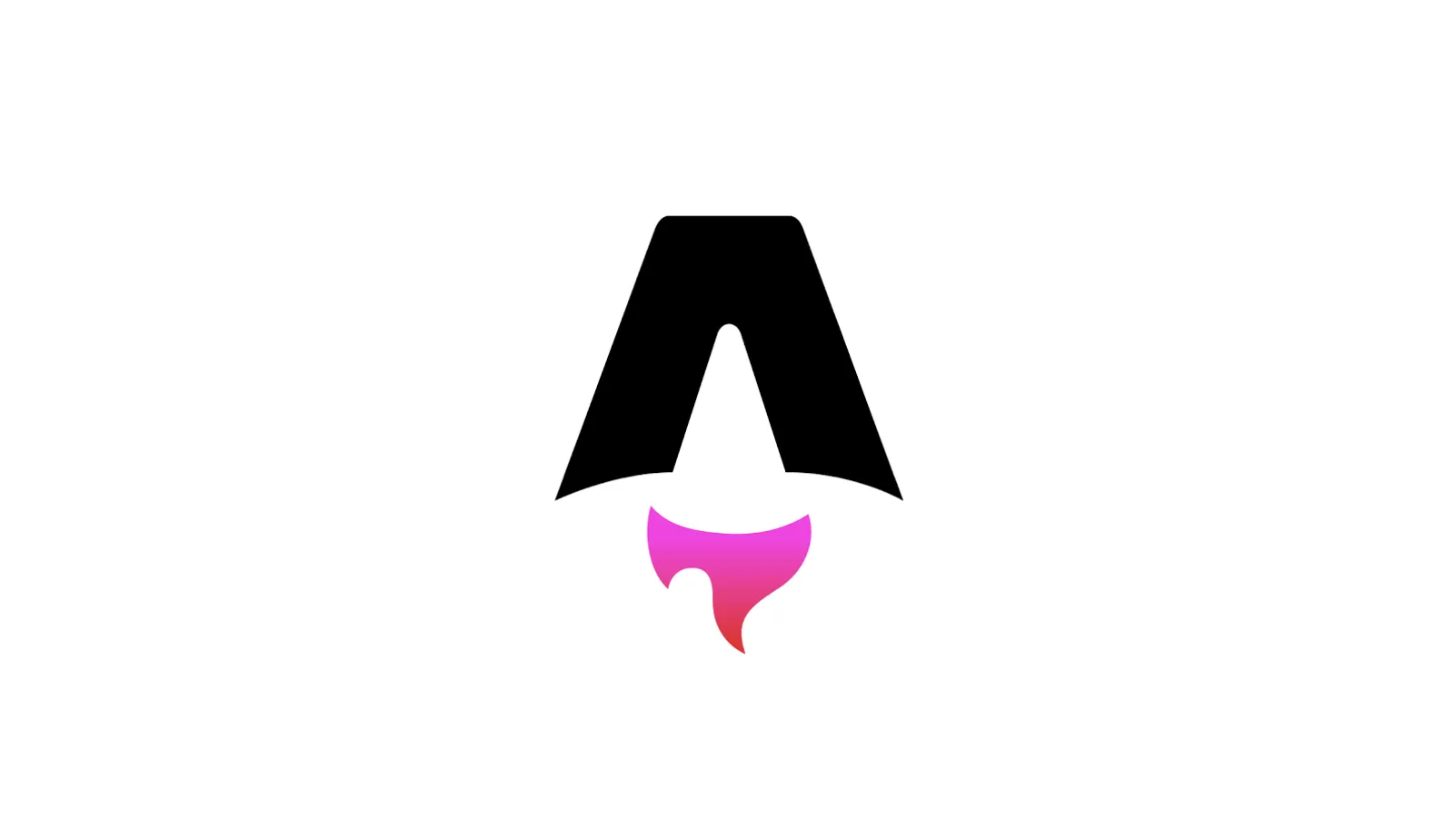 Het logo van Astro: een zwarte letter A met daaronder een roze vlam, op een witte achtergrond.
