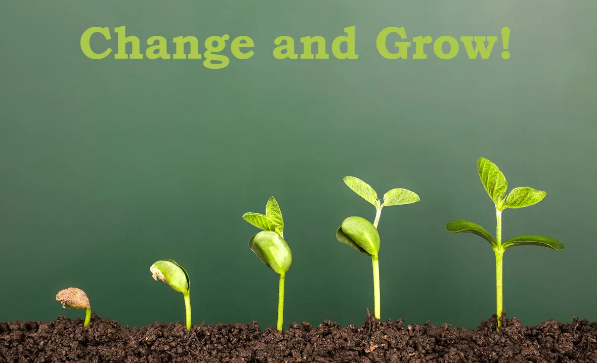 Vijf boonplantjes naast elkaar in donkere aarde, van een zaadje links tot een uitgegroeid plantje met vier bladeren rechts, met de tekst Change and Grow erboven.