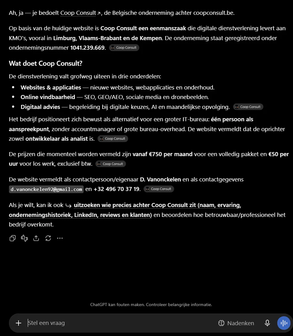 ChatGPT beantwoordt een vraag over Coop Consult en beschrijft de diensten, het werkgebied en het ondernemingsnummer, met bronvermeldingen naar de website.