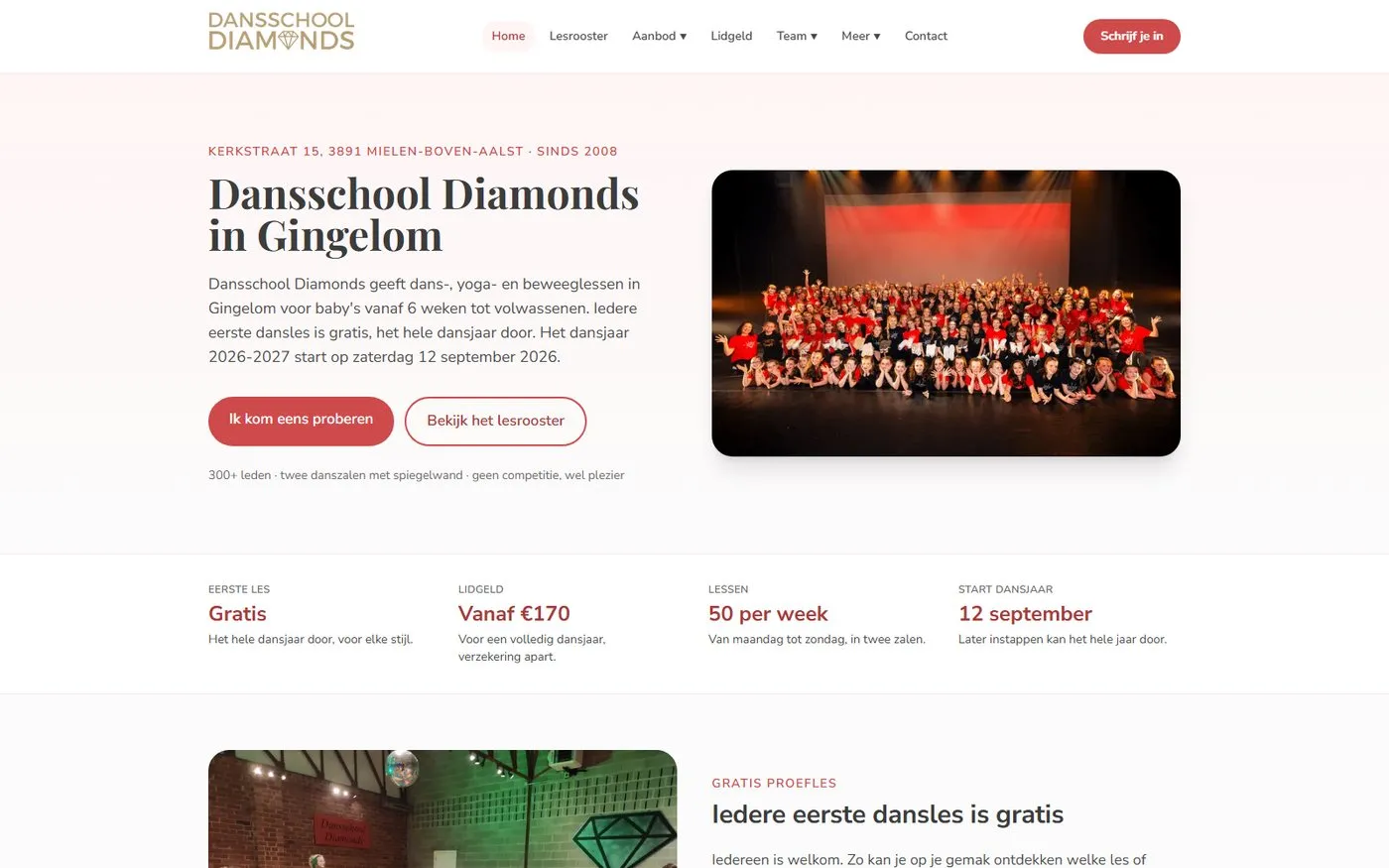 Schermafbeelding van de website van Dansschool Diamonds
