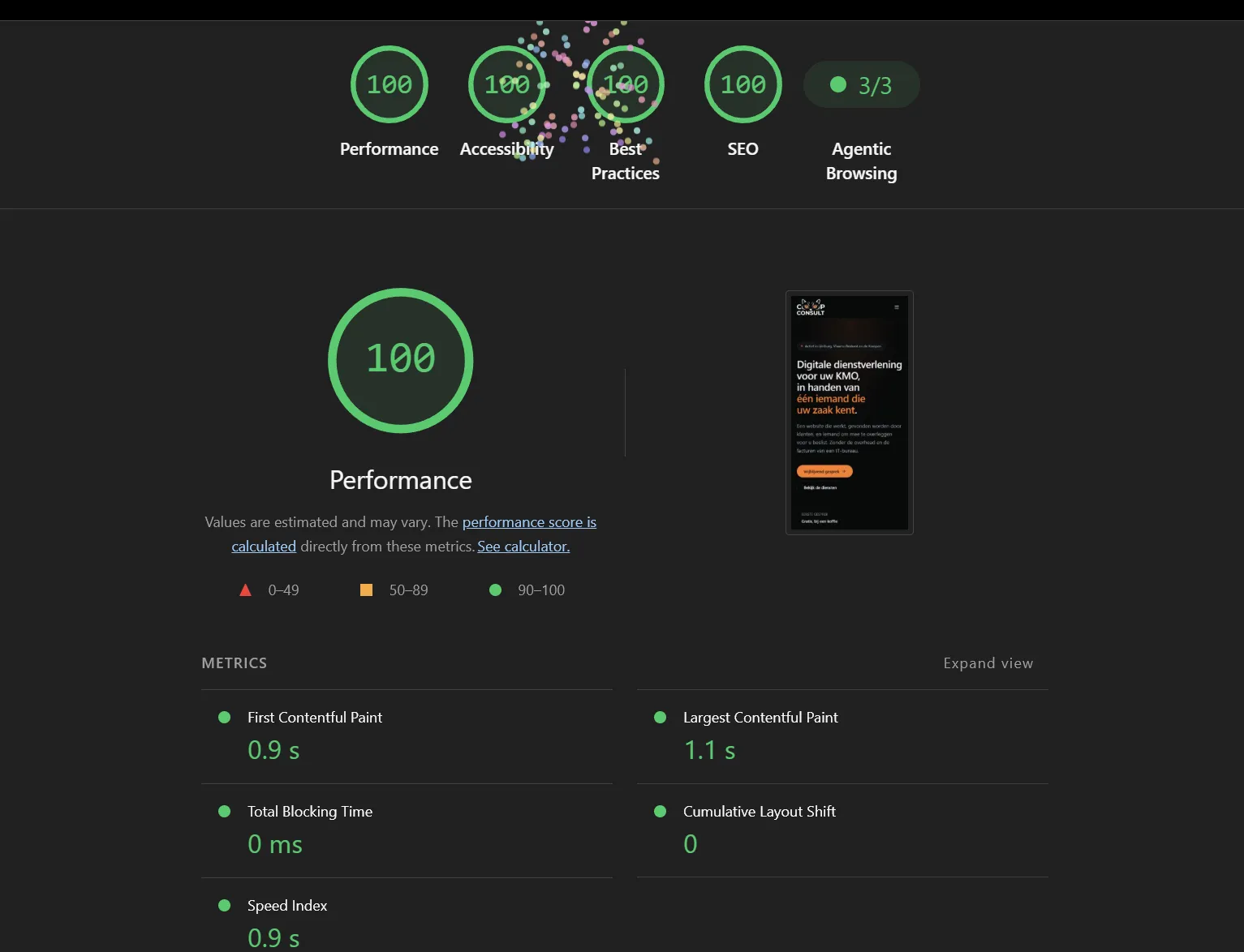 Lighthouse-rapport voor coopconsult.be op mobiel: 100 op 100 voor Performance, Accessibility, Best Practices en SEO, en 3 op 3 voor Agentic Browsing. First Contentful Paint 0,9 seconden, Largest Contentful Paint 1,1 seconden, Total Blocking Time 0 milliseconden en Cumulative Layout Shift 0.
