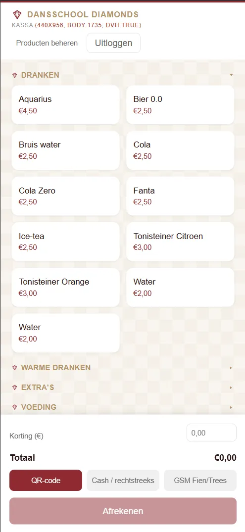 Het kassascherm van Dansschool Diamonds op een smalle tabletschermbreedte