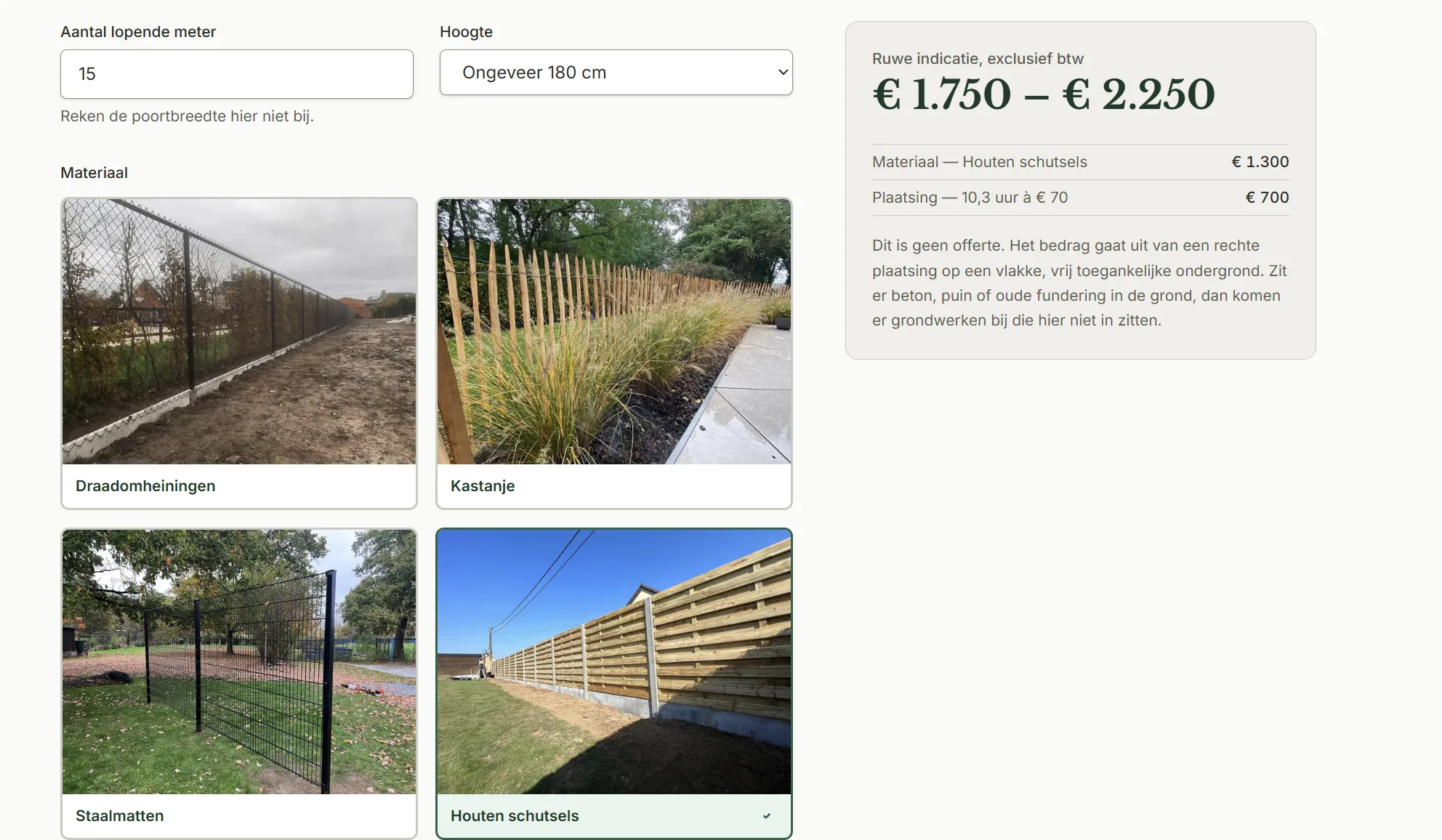 De prijssimulator op lamonhekwerken.be: de bezoeker kiest lopende meter, hoogte en materiaal, en krijgt meteen een prijsindicatie.